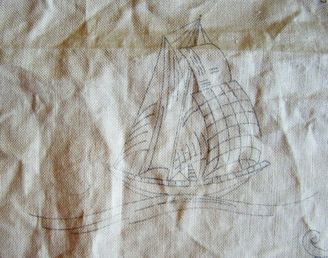 Vintage unworked embroidery with ships