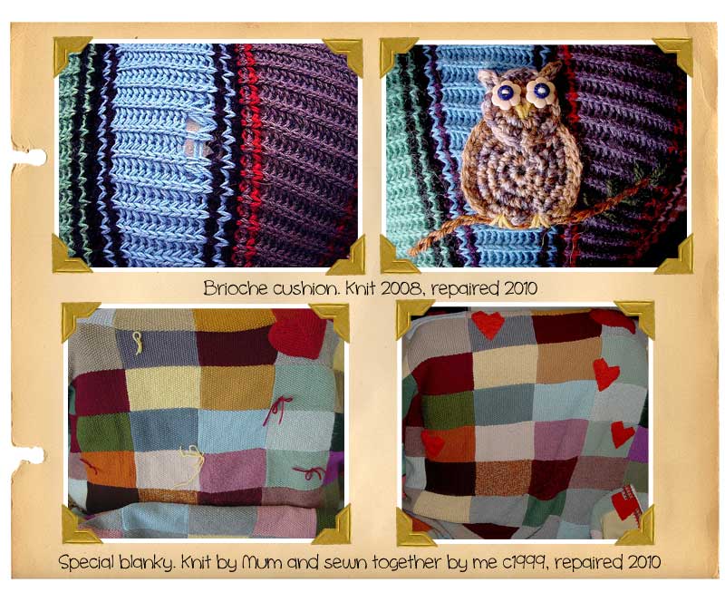 Hand knit blanket and cushion with creative repairs.