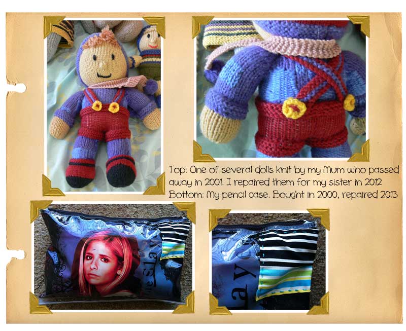 repaired dolls and pencil case