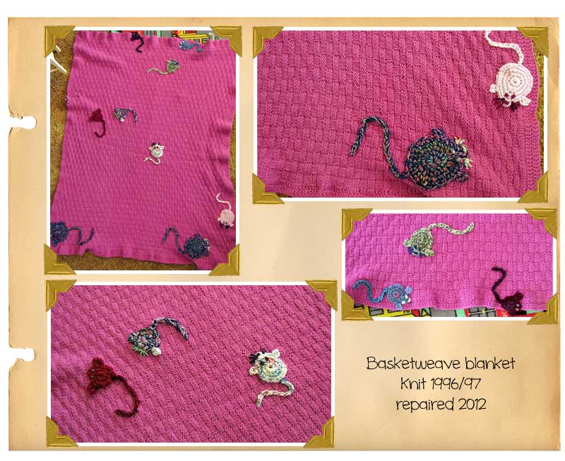Knitted blanket with rat applique repairs