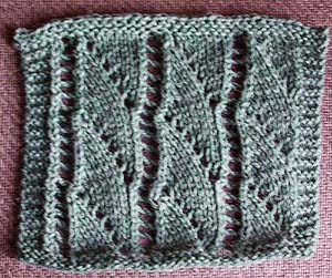 Sample of Viennoise Pattern by Cornelia Mee from Exercises in Knitting worked in DK weight yarn on size 4 needles.