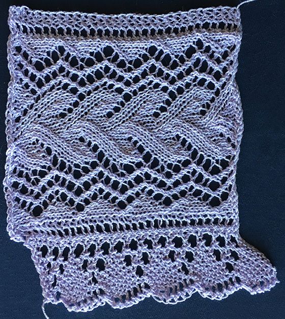 Knitted lace edging with vine lace heading and shell edge