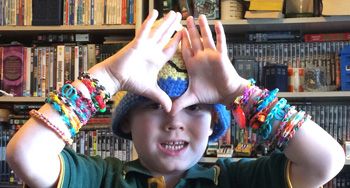 Some of Charlie's collection of rainbow loom bracelets