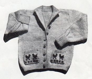 Toddler's cardigan with chickens on the pockets - free knitting pattern