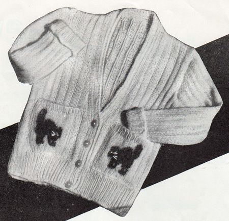 Free knitting pattern for a toddler's cardigan with cats on the pockets