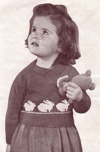 Toddler's jumper or sweater and skirt with bunny rabbit motifs. Free knitting patterns.