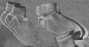 Lady's ankle socks with ribbed or patterned tops. Free knitting pattern available.