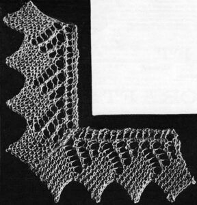 Narrow Greek Lace with a Mitred Corner from Needlecraft: Knitted Edgings (second series)