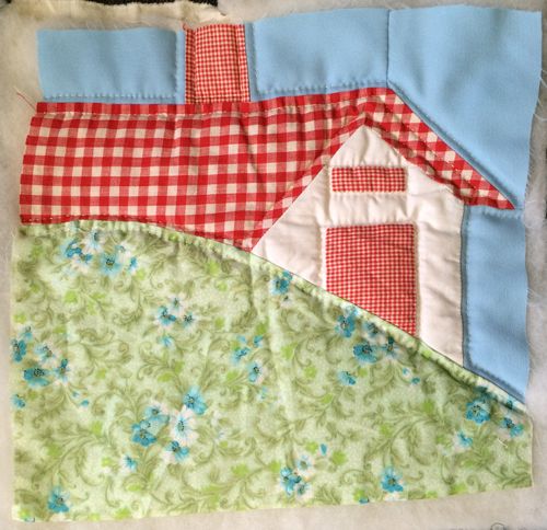 Quilt as you go house block with red gingham roof