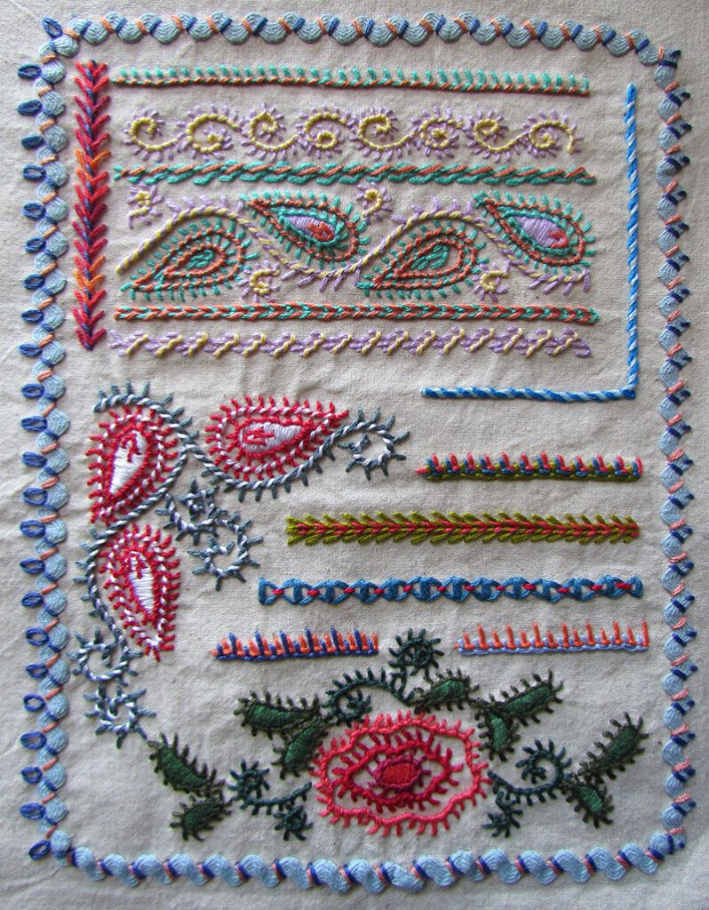 Feather, chain and blanket stitch sampler