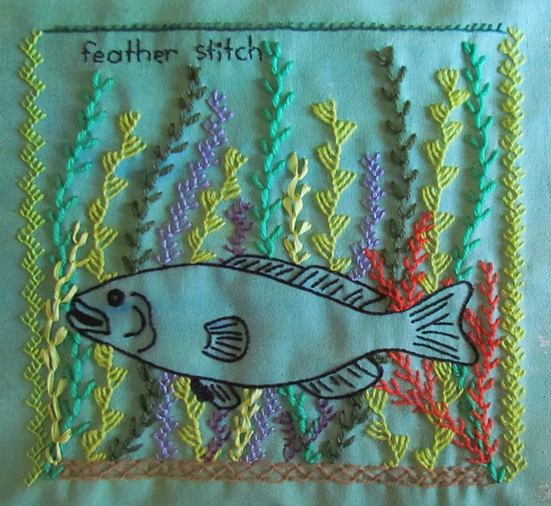 Embroidered stem stitch fish in a feather stitch seaweed garden.