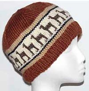 A knitted beanie with a stripe of llamas worked in stranded knitting