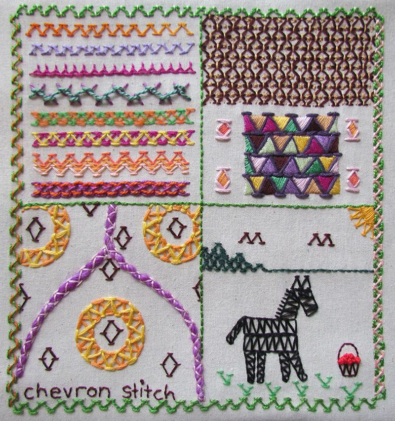 Embroidered sampler of chevron stitch for TAST week 6