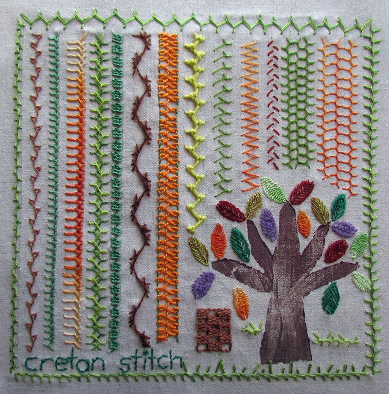 Variations on cretan stitch embroidery with a woodblock printed tree