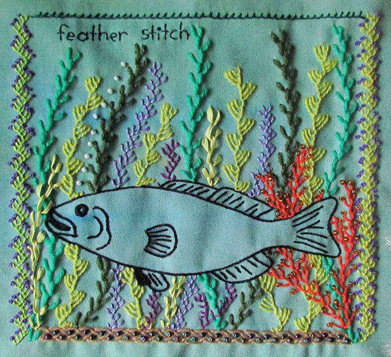 Embroidered feather stitch sampler with seaweed and beading