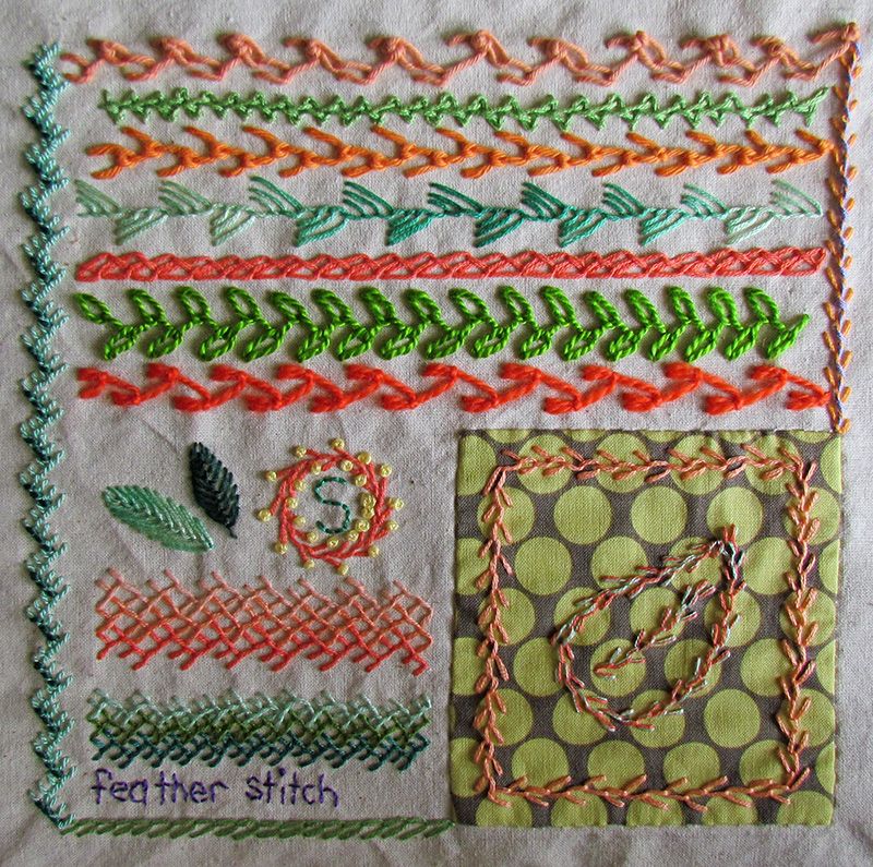 Embroidered feather sttch sampler with lines of different types of feather stitch and feather stitch shading