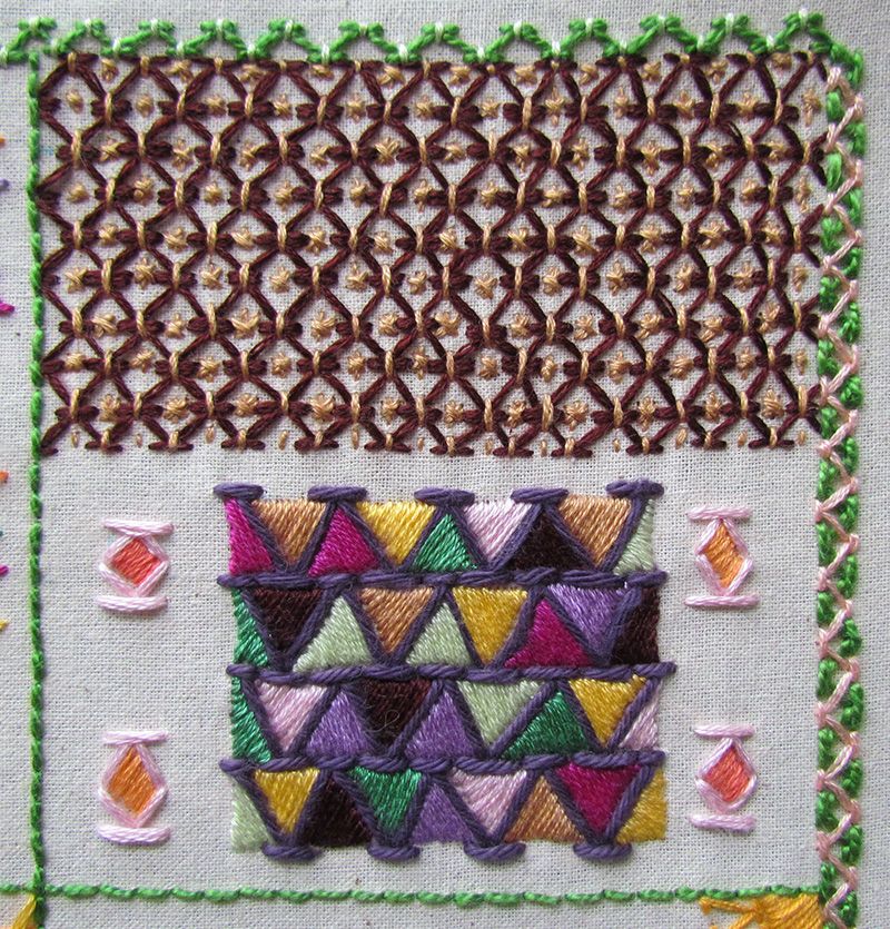 Two different ways of stacking embroidered chevron stitch