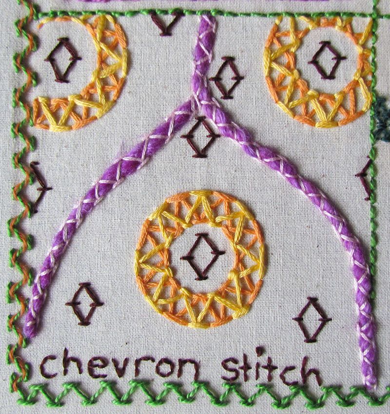 Double chevron stitch circles, stacked diamonds and couching