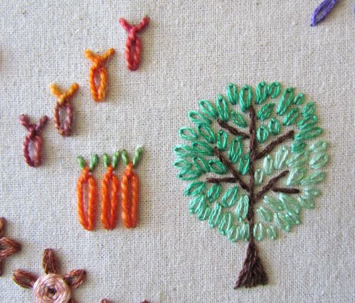 Embroidered Chain Stitch Tree and Carrots