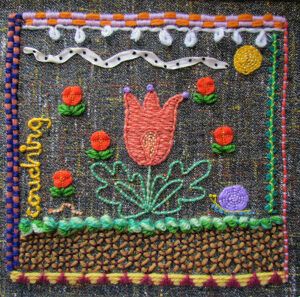Embroidered sampler with couched flowers, sun and bugs