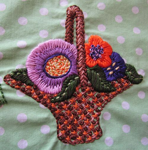 Embroidered basket of flowers
