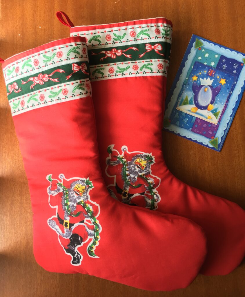 Two retro look Christmas stockings.