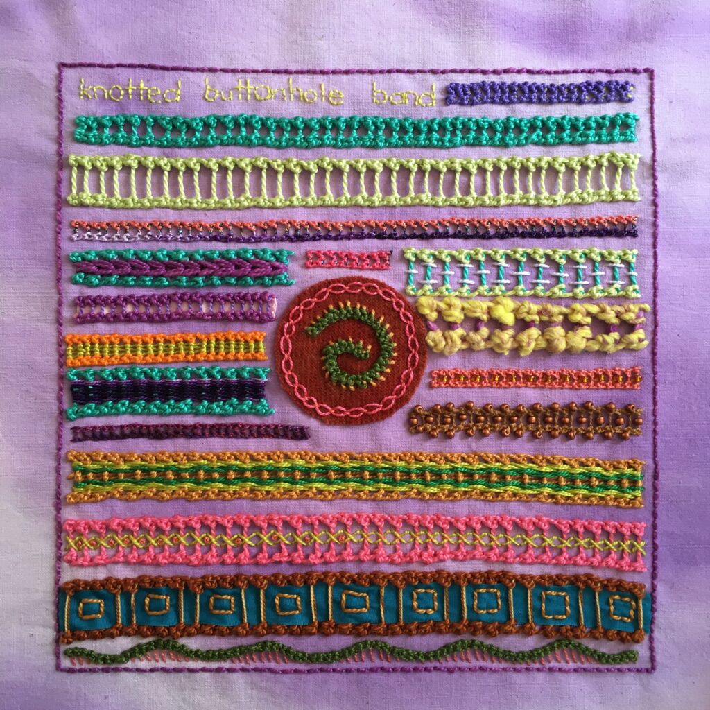 Embroidery sampler featuring knotted buttonhole band.