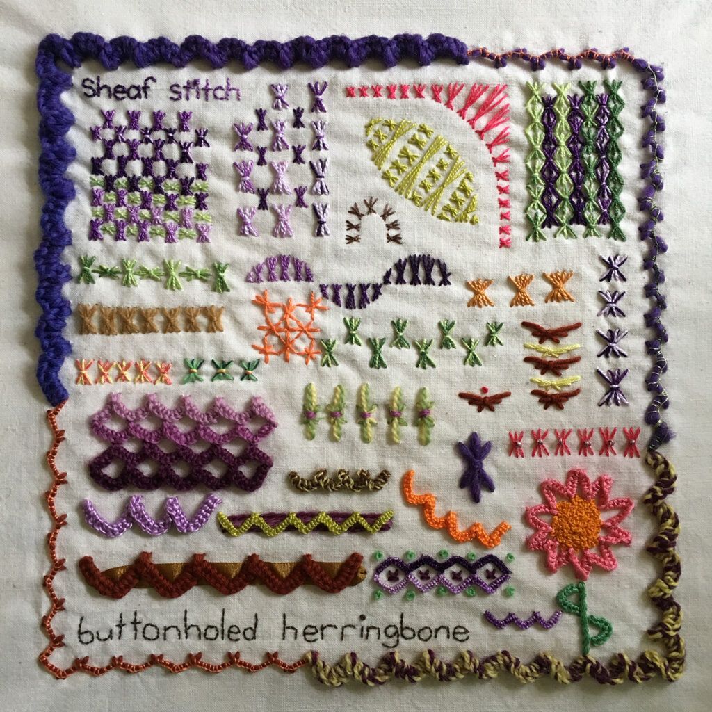 SHeaf stitch and buttonholed herringbone emproidery sampler for the Take a Stitch Tuesday embroidery challenge