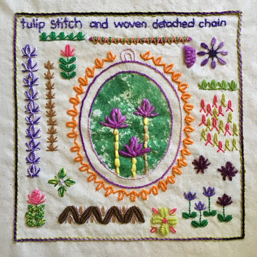 Tulip stitch and woven detatched chain stitch embroidery sampler for TAST, Take a Stitch Tuesday 2016