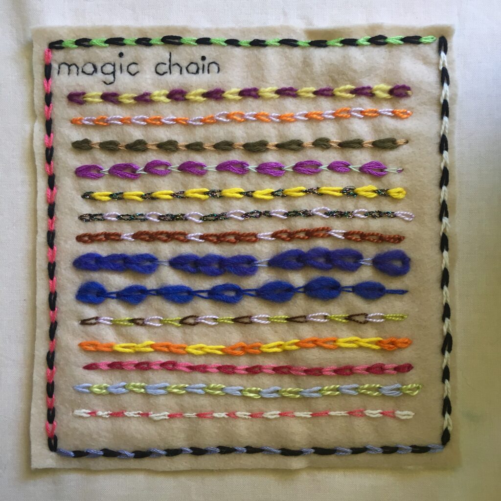 Multi coloured chain stitch embroidery on felt