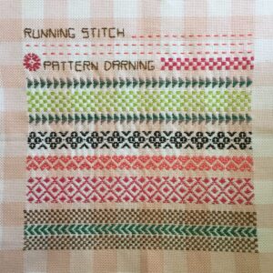 Running stitch embroidery worked in various patterns on even weave fabric