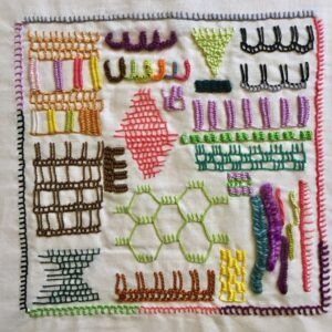 A buttonhole/blanket stitch embroidery sampler inspired by Constance Howard's Book of Stitches.