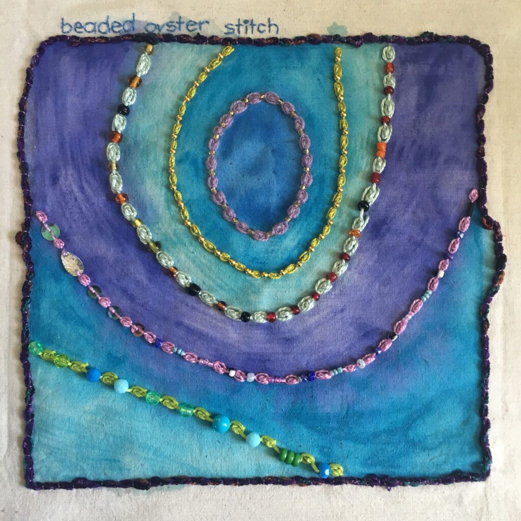 Beaded oyster stitch sampler for the TAST, Take a Stitch Tuesday, challenge.