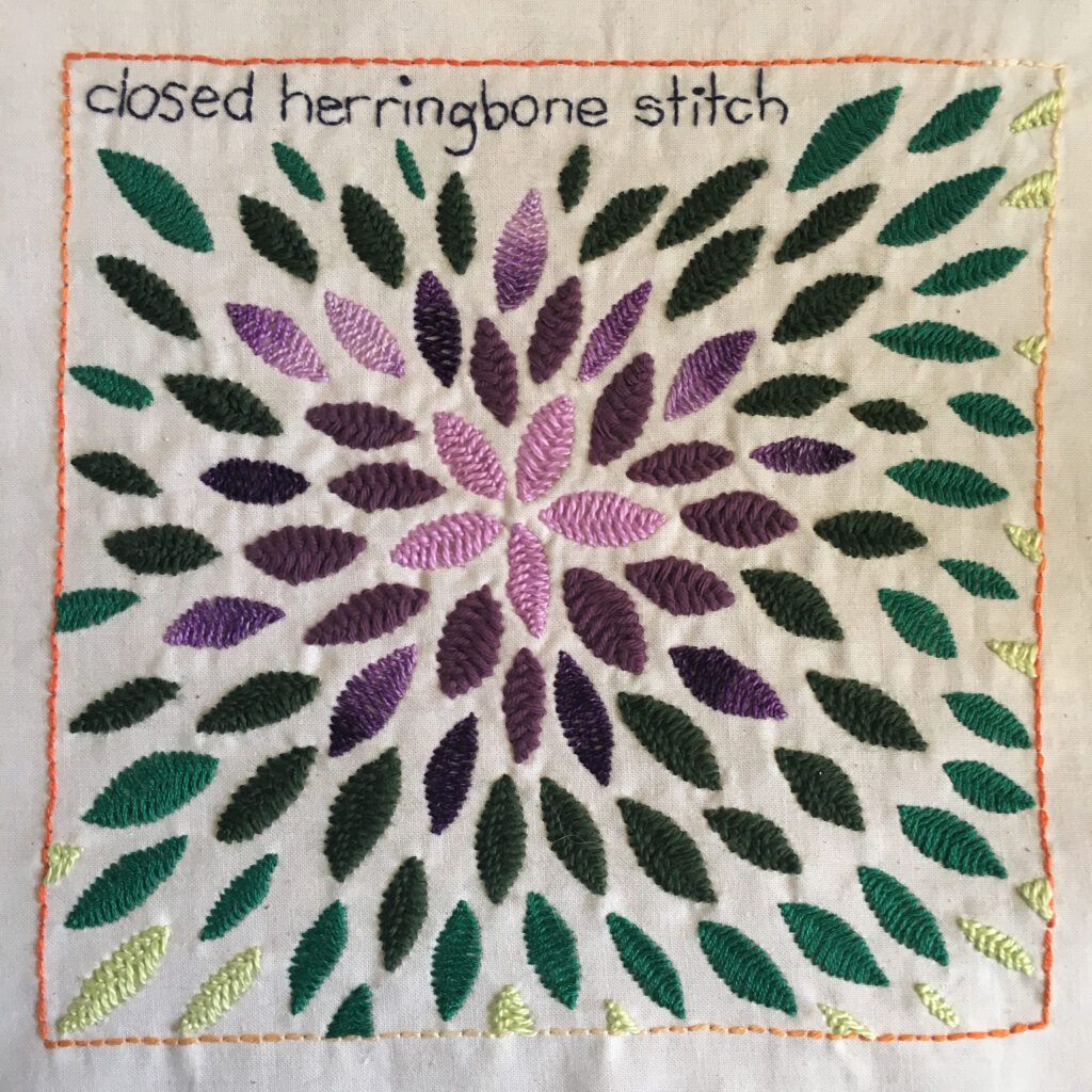 Closed herringbone stitch sampler for the TAST embroidery challenge