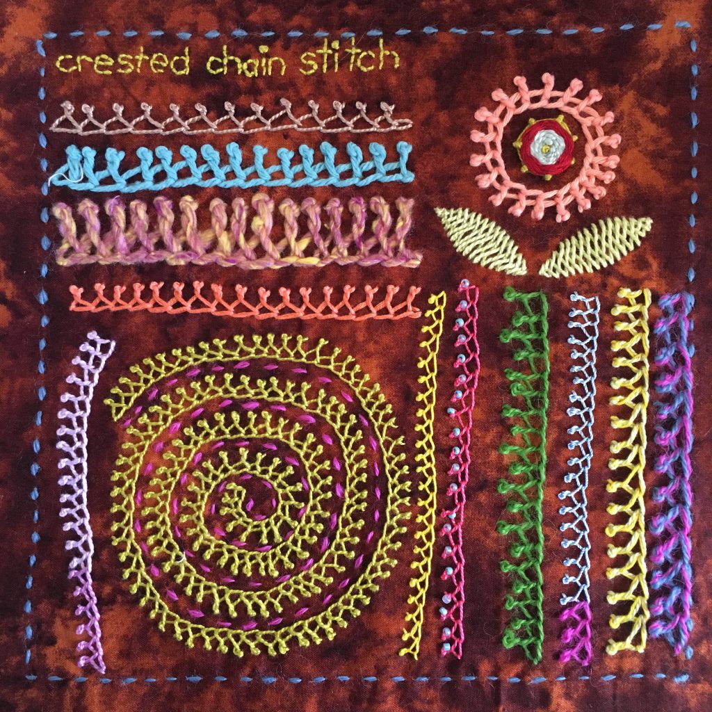 Crested chain stitch sampler for the TAST embroidery challenge