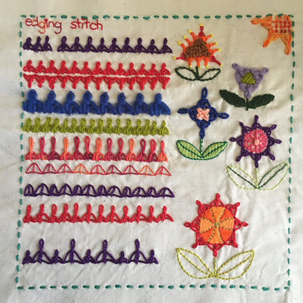 Indian edging stitch sampler for the TAST embroidery challenge