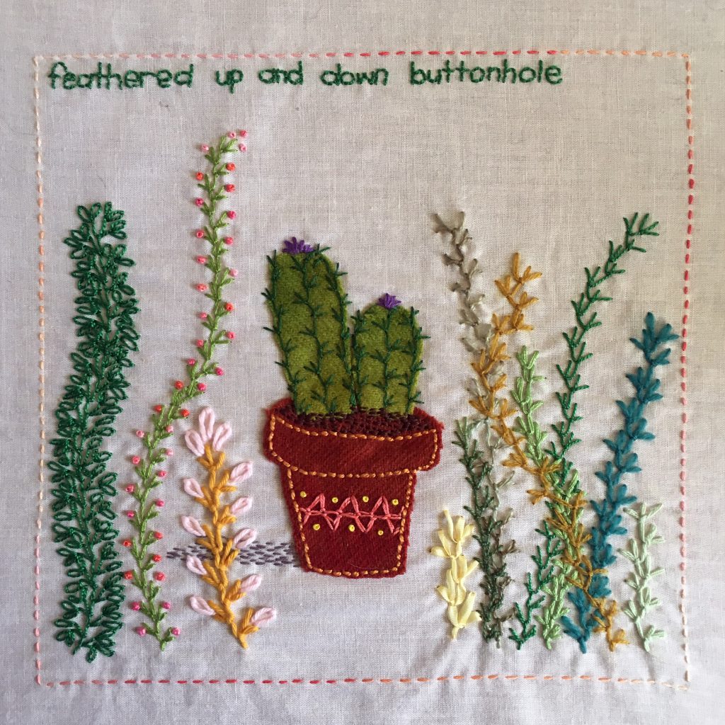 Feathered up and down buttonhole stitch sampler for the TAST embroidery challenge