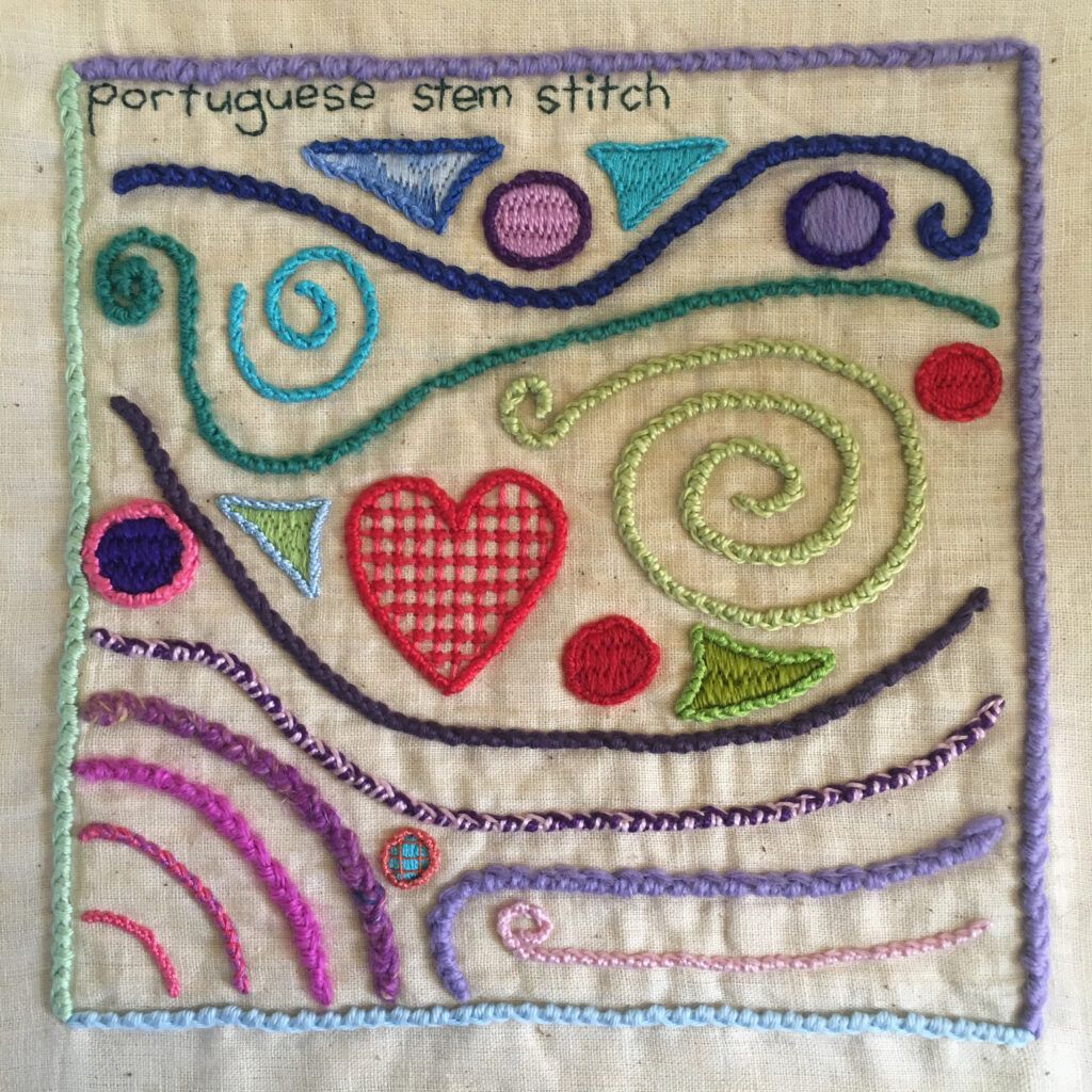 Portuguese stem stitch sampler for the TAST embroidery challenge