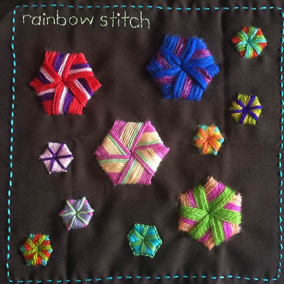 Rainbow stitch embroidered in various types of thread.