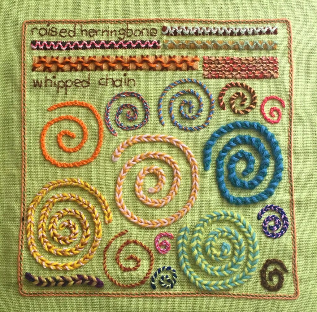 Raised herringbone and whipped chain stitch sampler for the TAST embroidery challenge