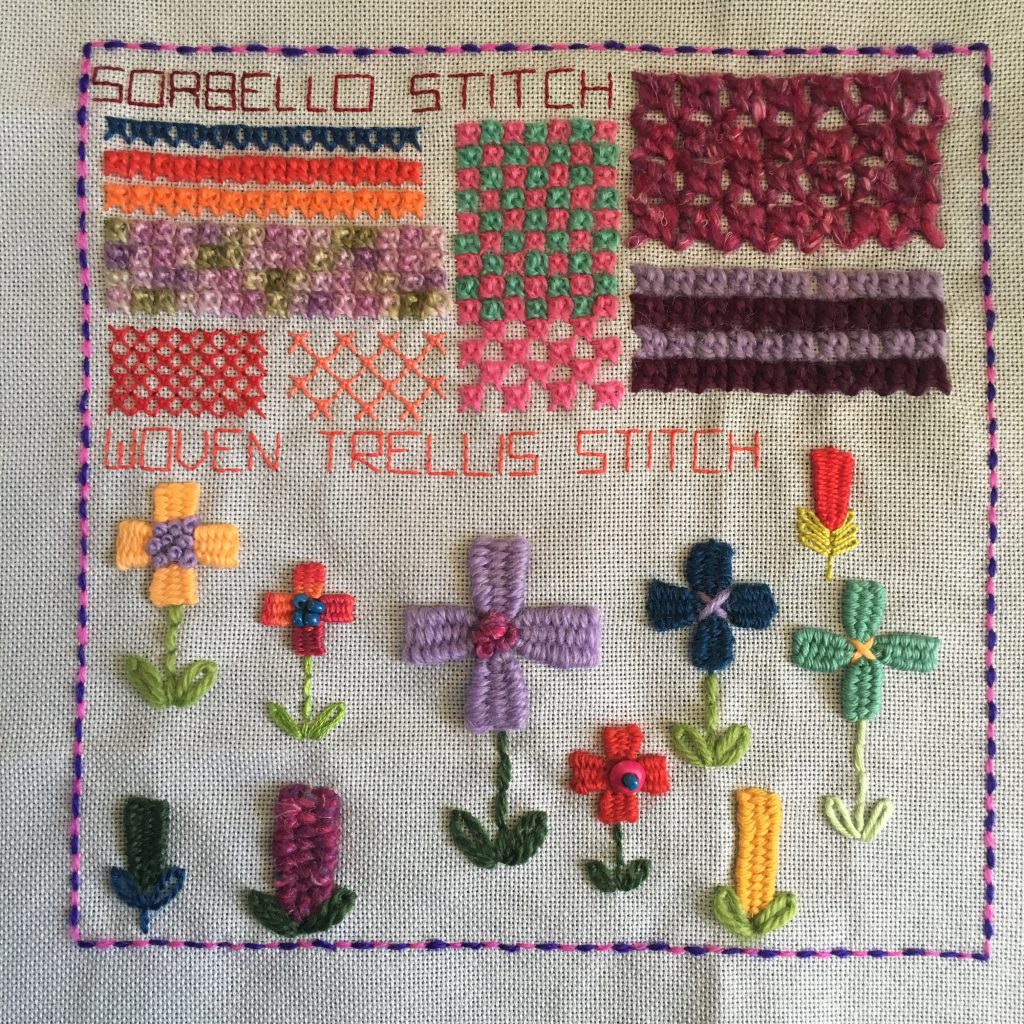 Sorbello and Woven Trellis stitch sampler for the TAST embroidery challenge