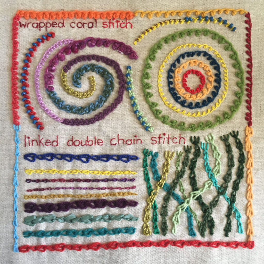 Wrapped coral stitch and linked chain stitch sampler for the TAST embroidery challenge