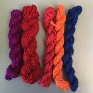 Hand dyed knitting yarns and crewel wools