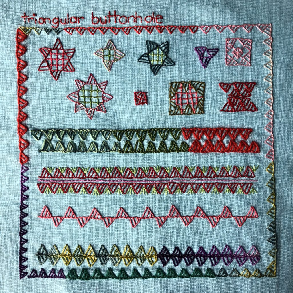 Motifs and border treatments worked in triangular buttonhole stitch.