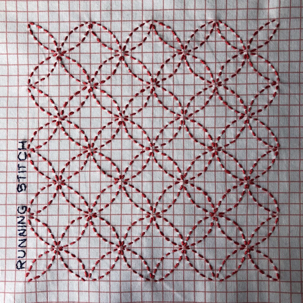 Embroidered sashiko sampler on red check fabric.