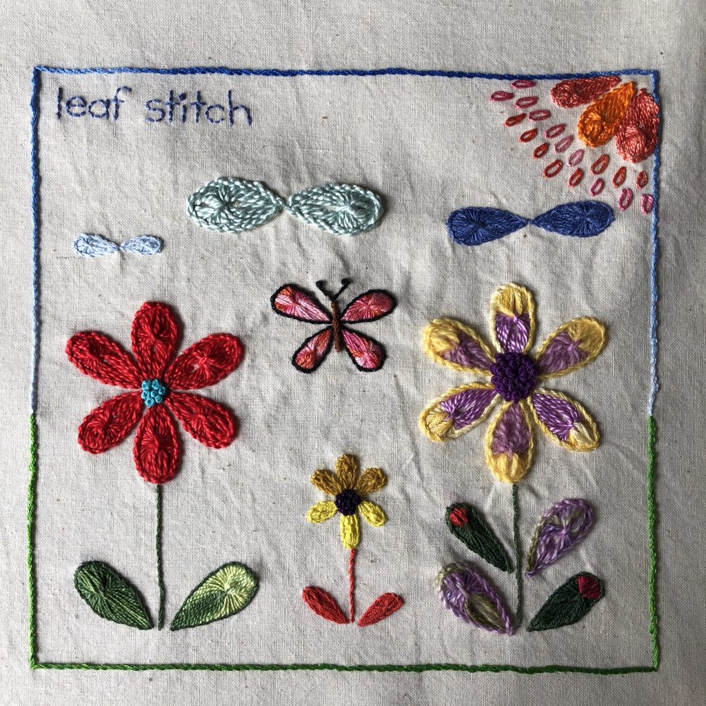 Floral sampler worked in leaf stitch.