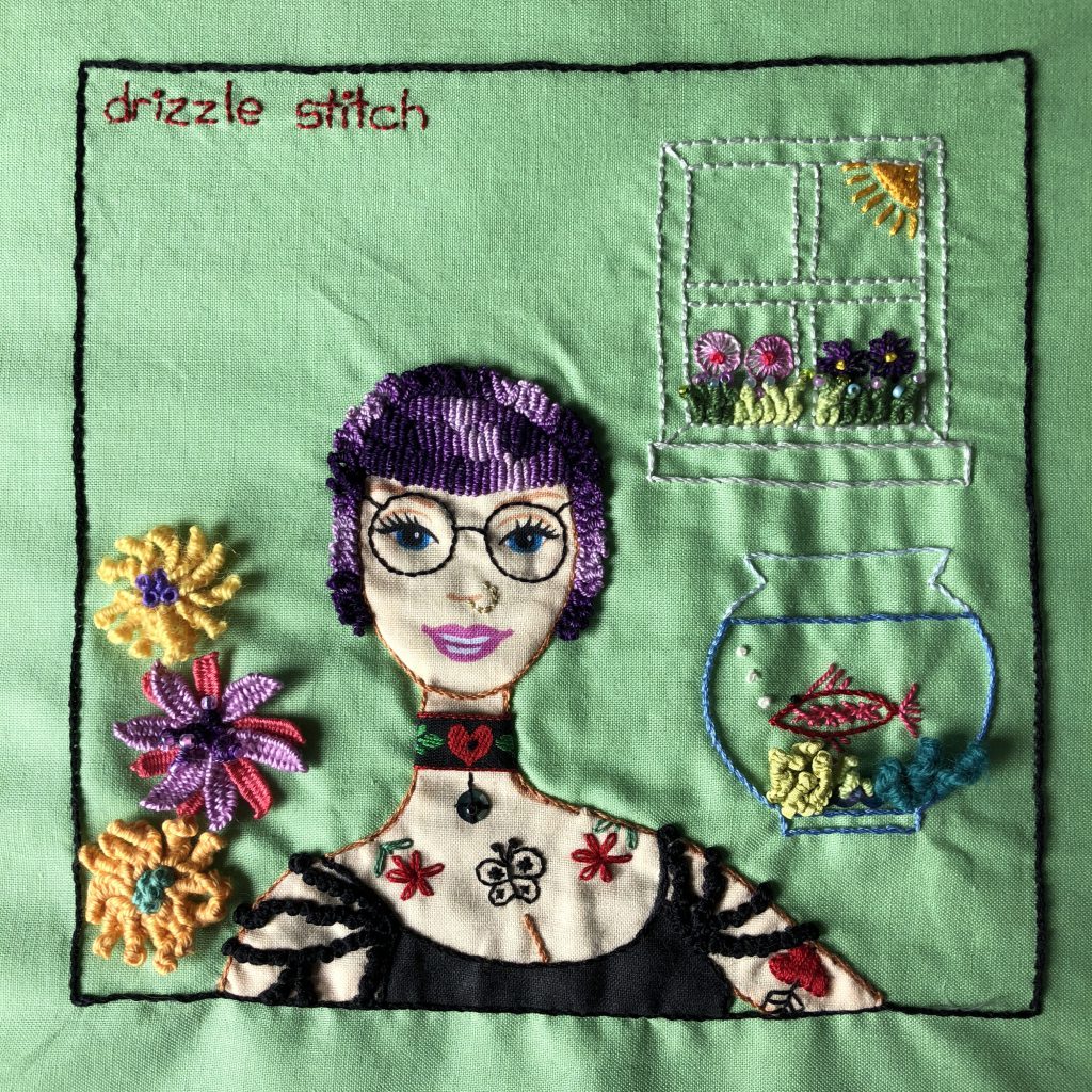 Embroidered sampler with drizzle stitch details
