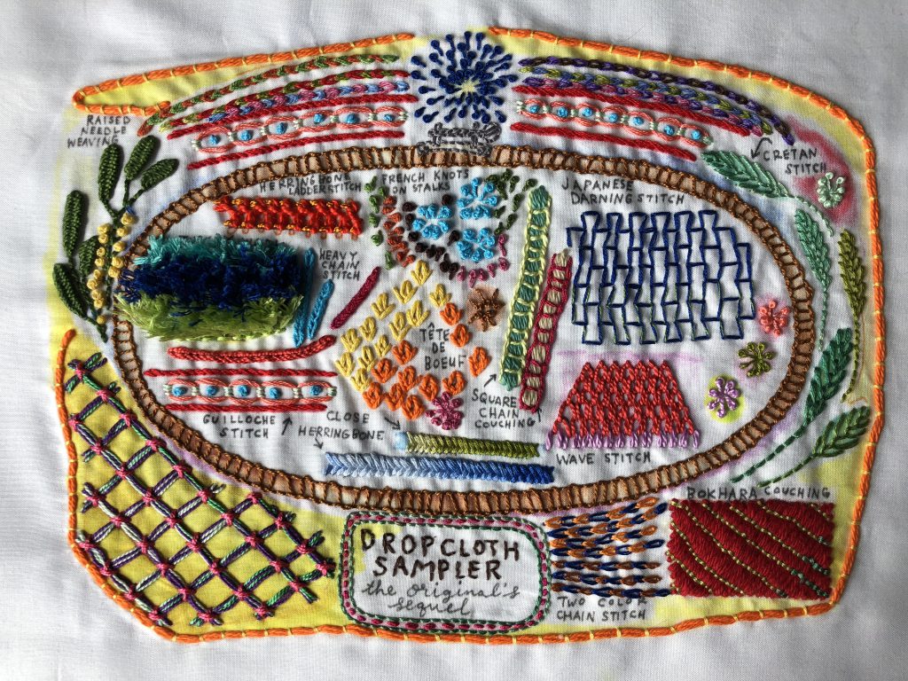 Embroidery sampler stitched in bright colours