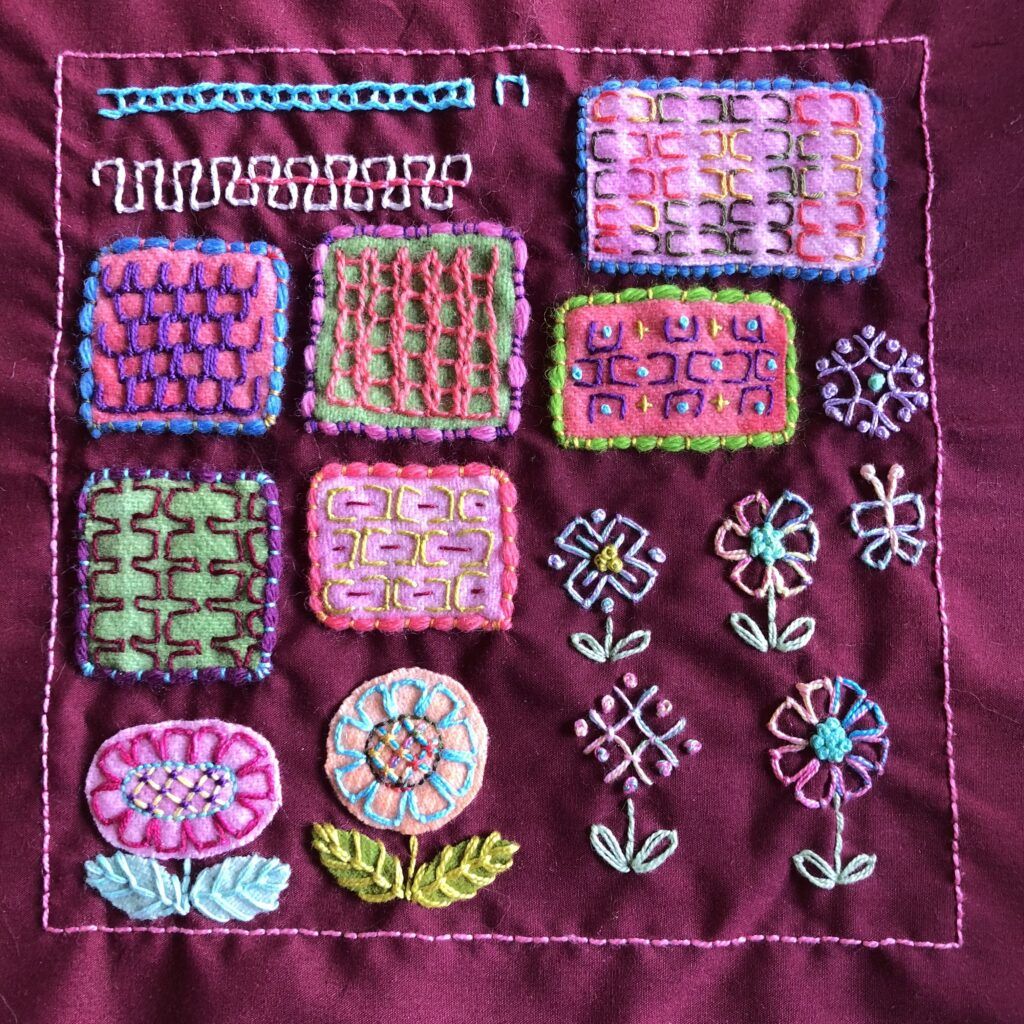 Various ways of stitching an embroidered sampler using single units of open chain stitch