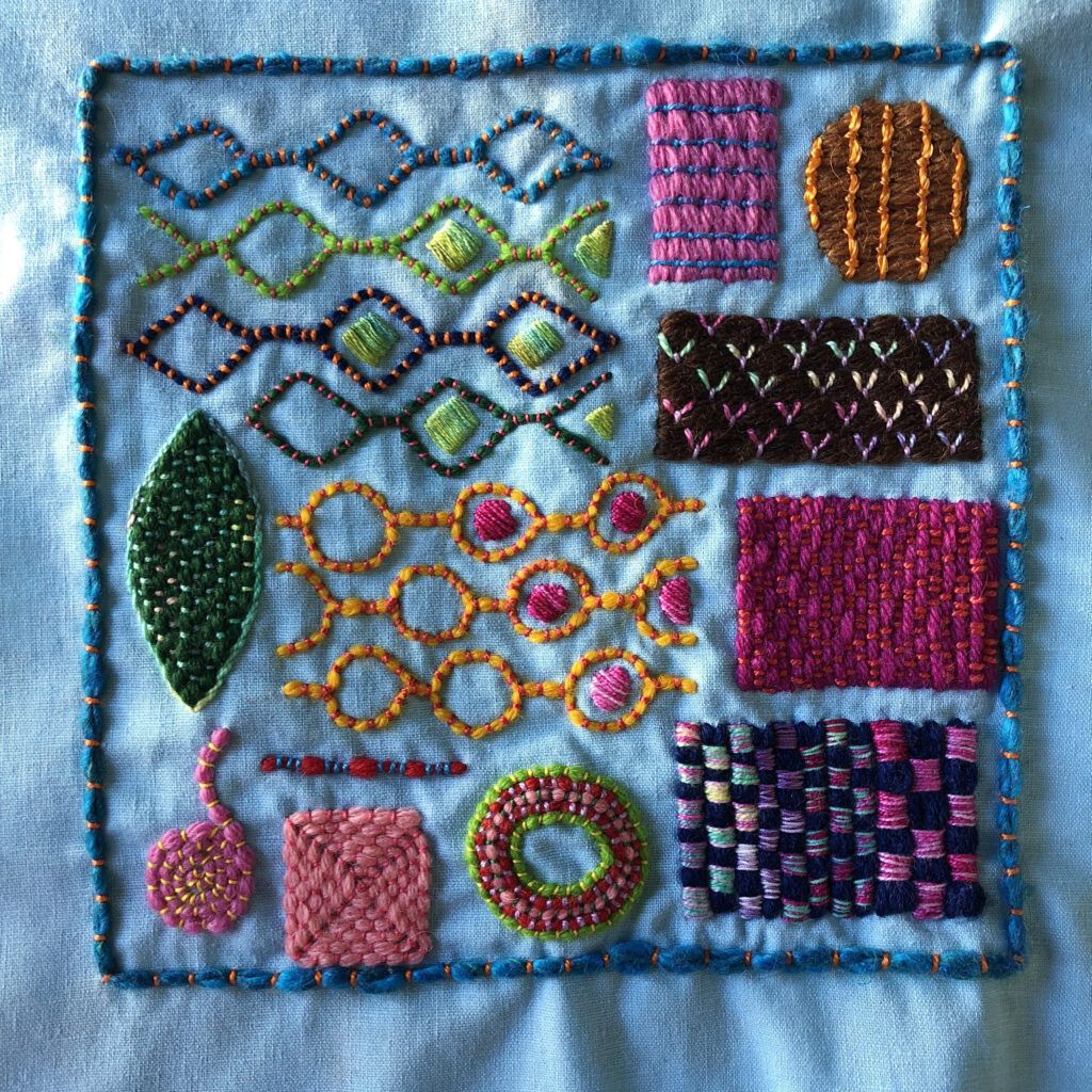 Couched filling embroidery sampler, stitched by Sarah Bradberry of knitting-and.com